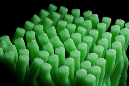 Rows of glowing green cylindrical forms against a dark background, suggesting cultivated algae